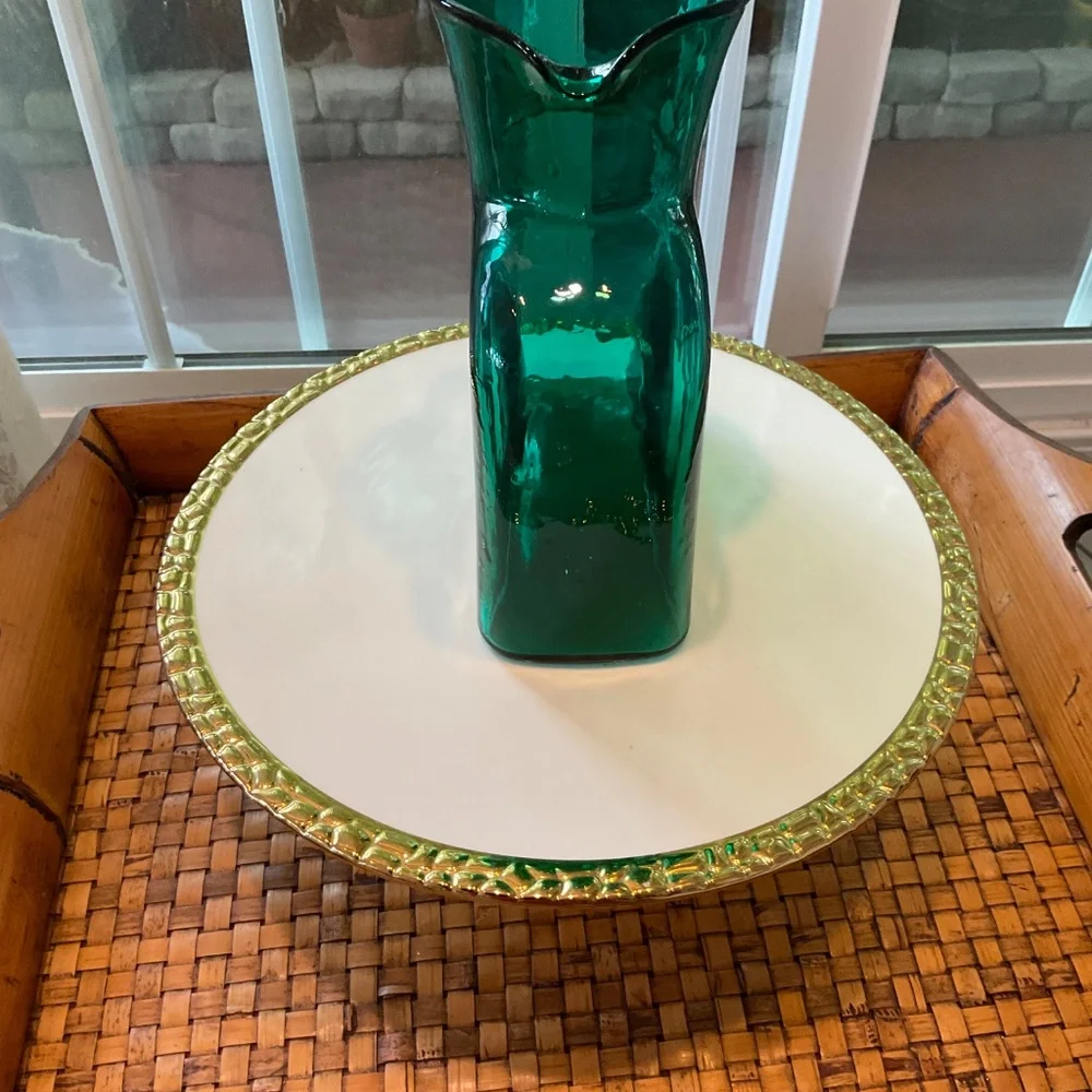 BLENKO VTG Beautiful Double Spout Green Glass Pitcher Vase
